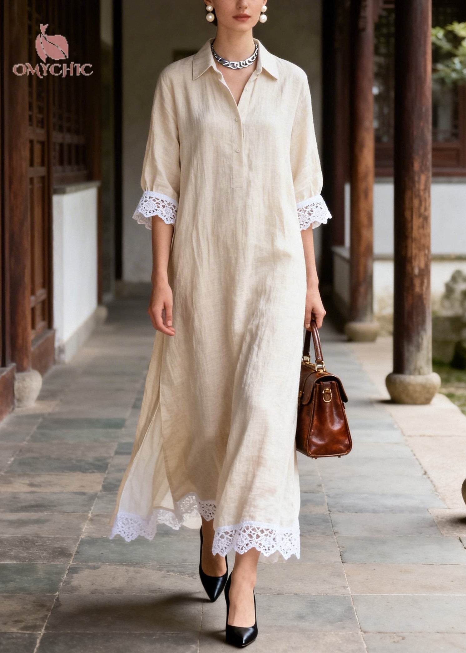 Lace Trim Collar Button Front Three-Quarter Sleeve High Split Linen Maxi Dress