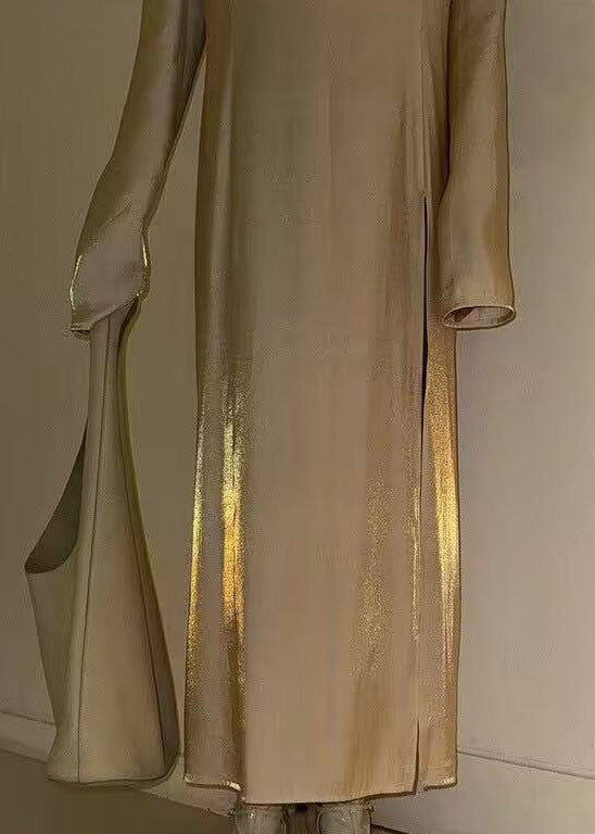 Metallic Satin Deep V-Neck Padded Shoulder Long Sleeve High Split Maxi Gown