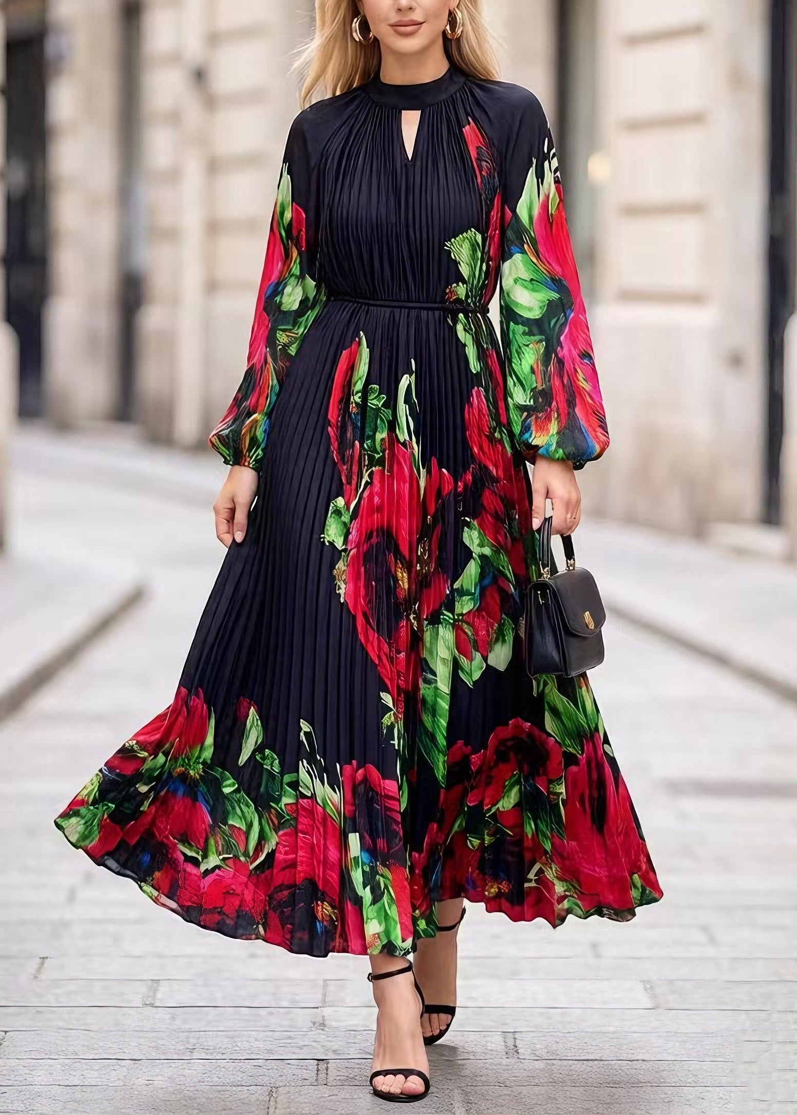 Floral Print Accordion Pleat Mock Neck Keyhole Balloon Sleeve Maxi Dress