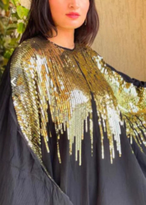 Sequin Cape Sleeve Crew Neck Dripping Embellished A-Line Maxi Gown