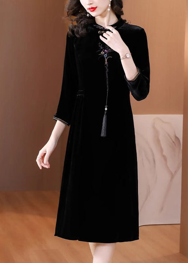 Classy Black Stand Collar Embroideried Floral Silk Velour Maxi Dress Fall 3