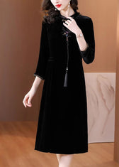 Classy Black Stand Collar Embroideried Floral Silk Velour Maxi Dress Fall 3