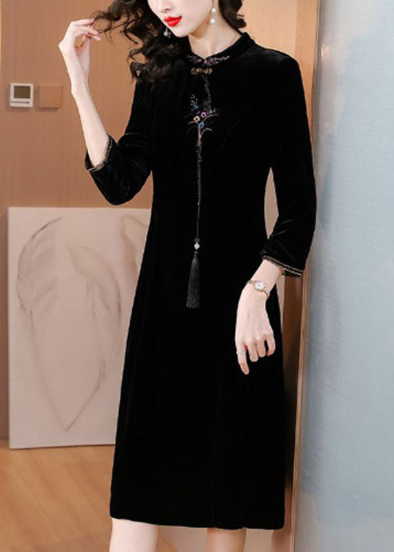 Classy Black Stand Collar Embroideried Floral Silk Velour Maxi Dress Fall 4