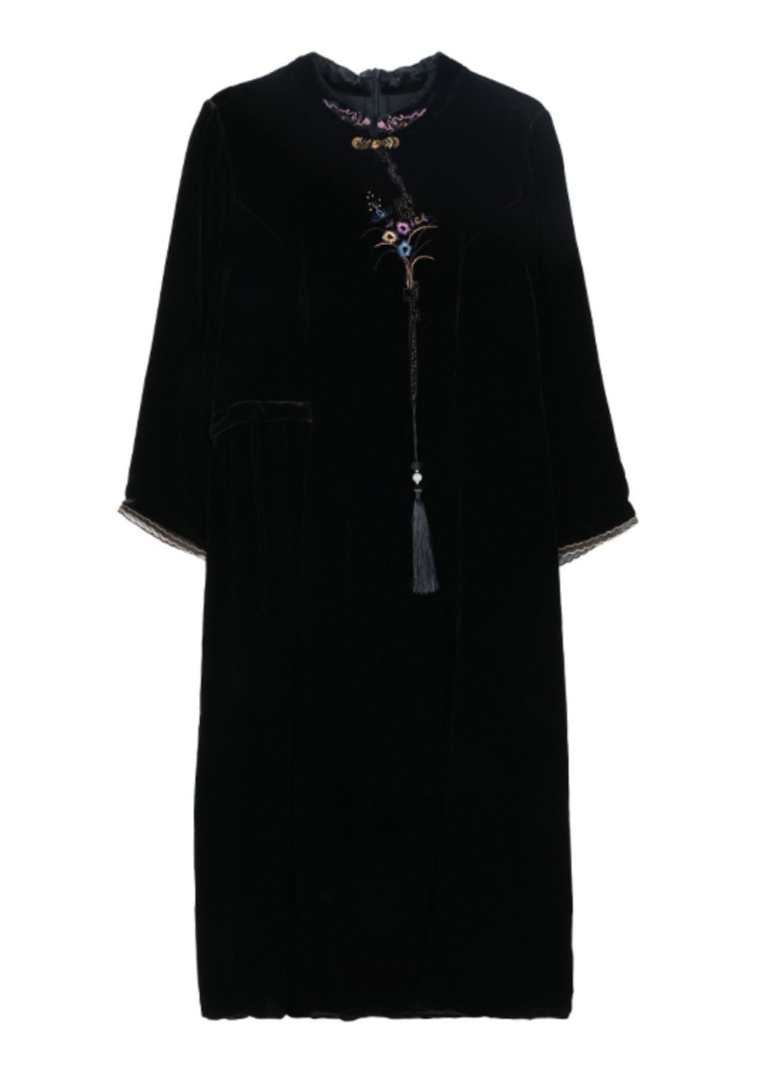 Classy Black Stand Collar Embroideried Floral Silk Velour Maxi Dress Fall 5