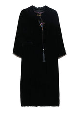 Classy Black Stand Collar Embroideried Floral Silk Velour Maxi Dress Fall 5