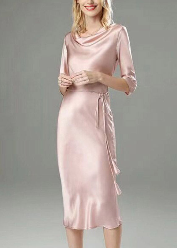 Satin Cowl Neck Three Quarter Sleeve Tie Waist Midi Dress