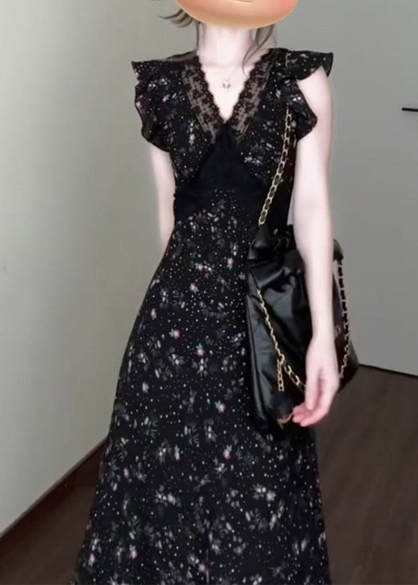 Floral Polka Dot Lace Trim V-Neck Flutter Sleeve Waist Panel Midi Dress