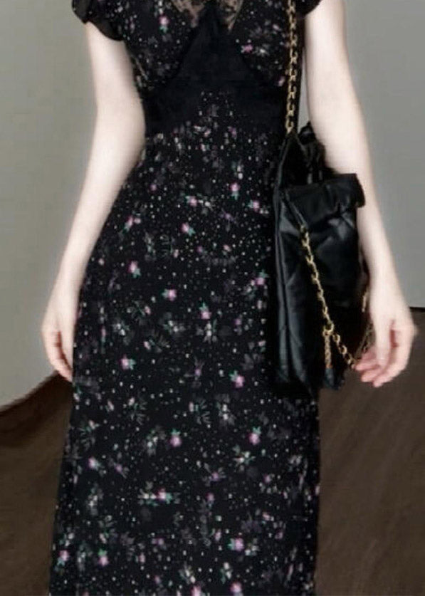 Floral Polka Dot Lace Trim V-Neck Flutter Sleeve Waist Panel Midi Dress