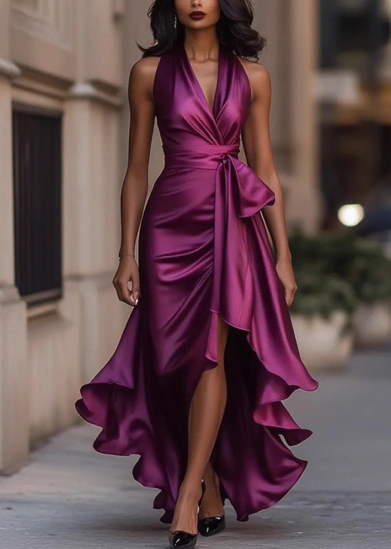 Classy Black V Neck Ruffled Lace Up Silk Dress Summer - View 2