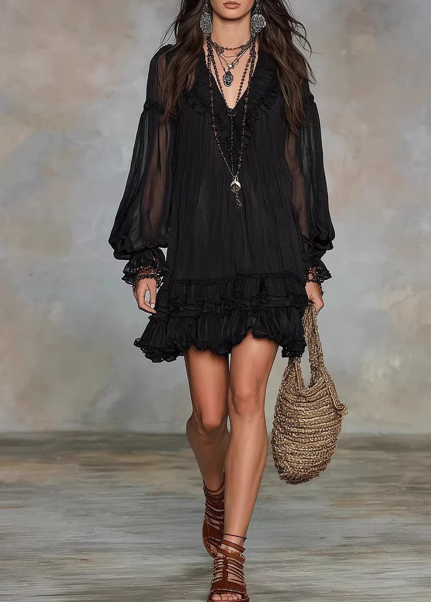Classy Black V Neck Ruffled Patchwork Chiffon Dresses Fall