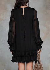 Classy Black V Neck Ruffled Patchwork Chiffon Dresses Fall 2