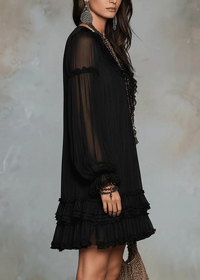Classy Black V Neck Ruffled Patchwork Chiffon Dresses Fall 3