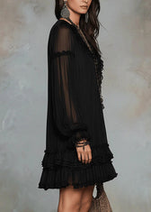Classy Black V Neck Ruffled Patchwork Chiffon Dresses Fall 3