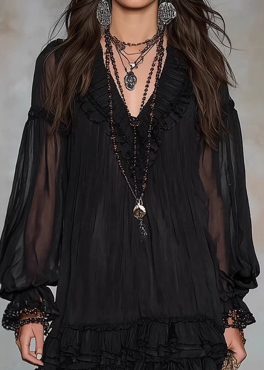 Classy Black V Neck Ruffled Patchwork Chiffon Dresses Fall 4