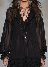 Classy Black V Neck Ruffled Patchwork Chiffon Dresses Fall 4
