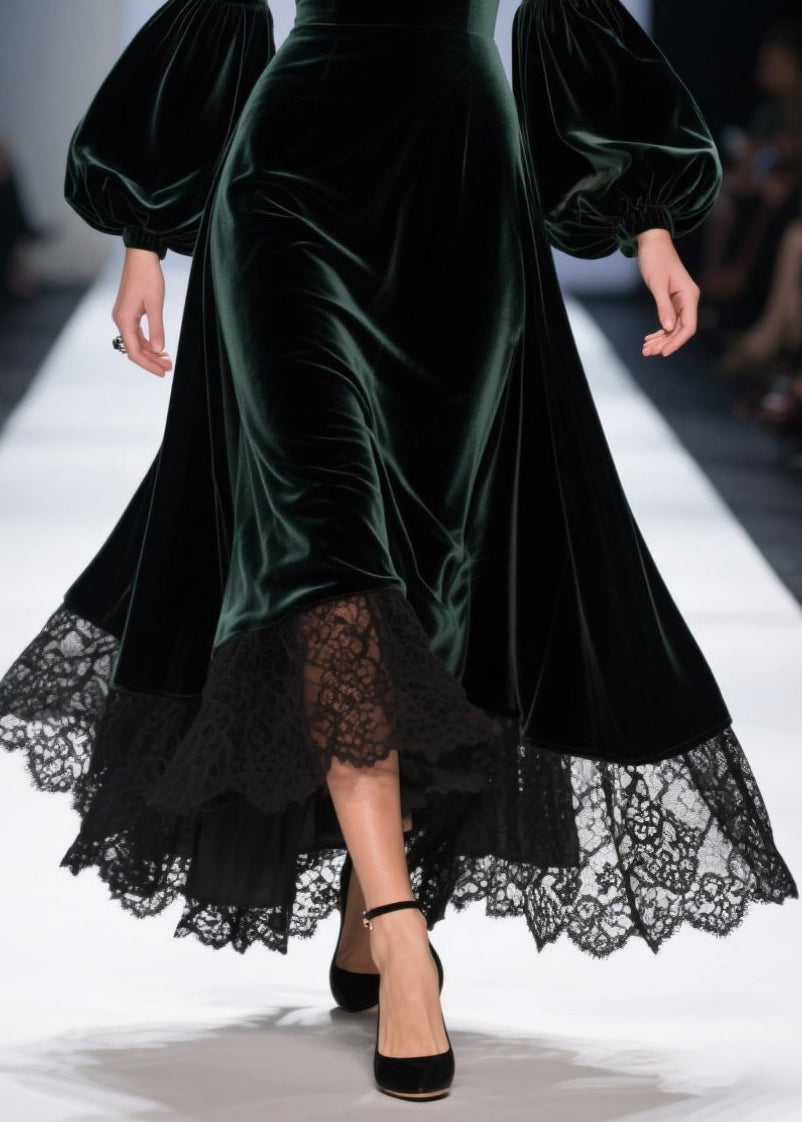 Velvet Sweetheart Puff Sleeve Lace Hem A-Line Midi Dress