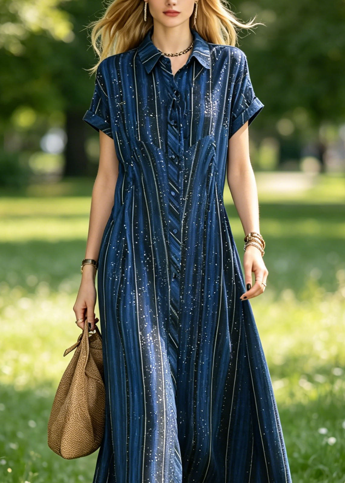 Striped Speckle Print Peter Pan Collar Short Sleeve Button Front Shirt Maxi Dress