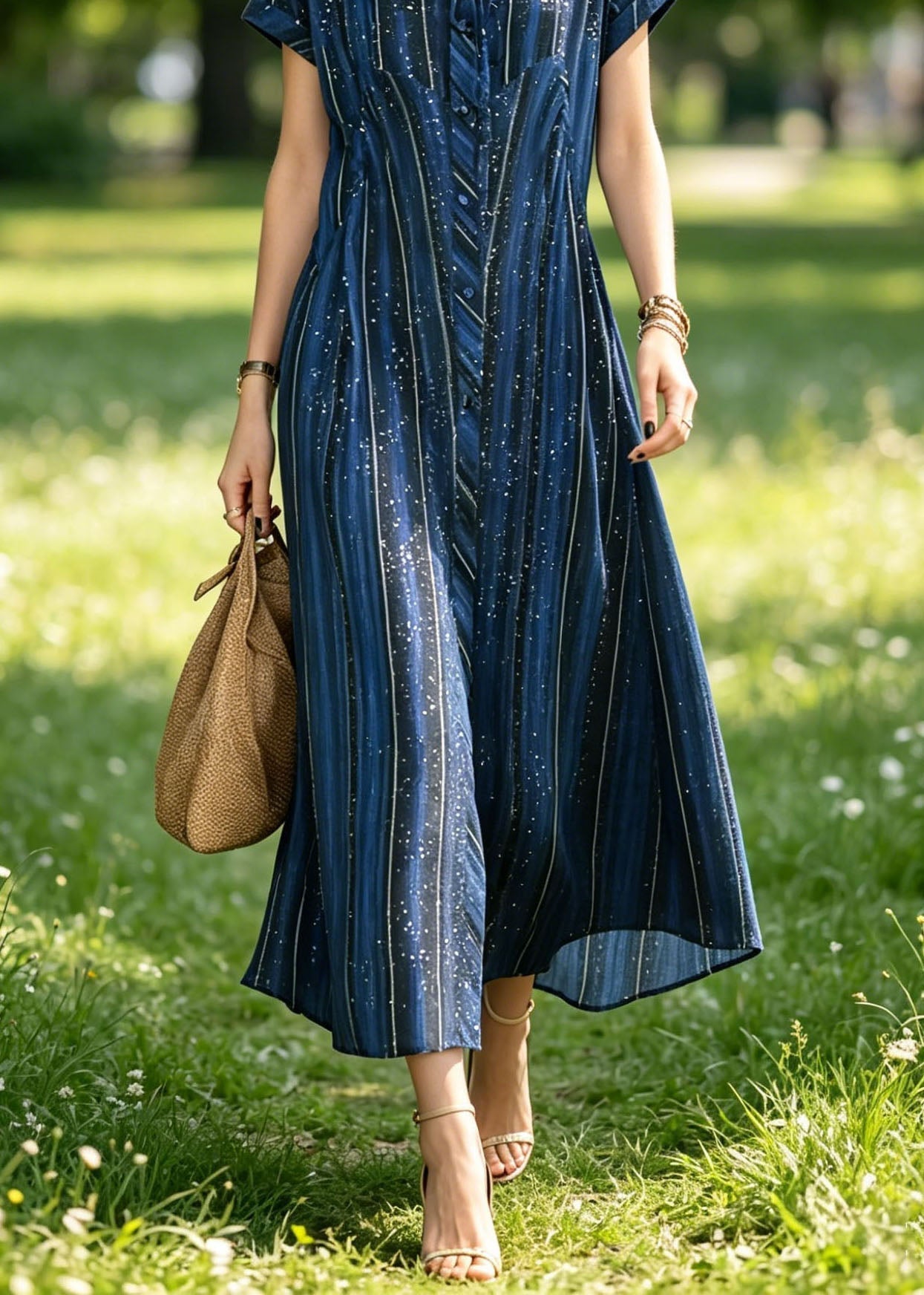 Striped Speckle Print Peter Pan Collar Short Sleeve Button Front Shirt Maxi Dress