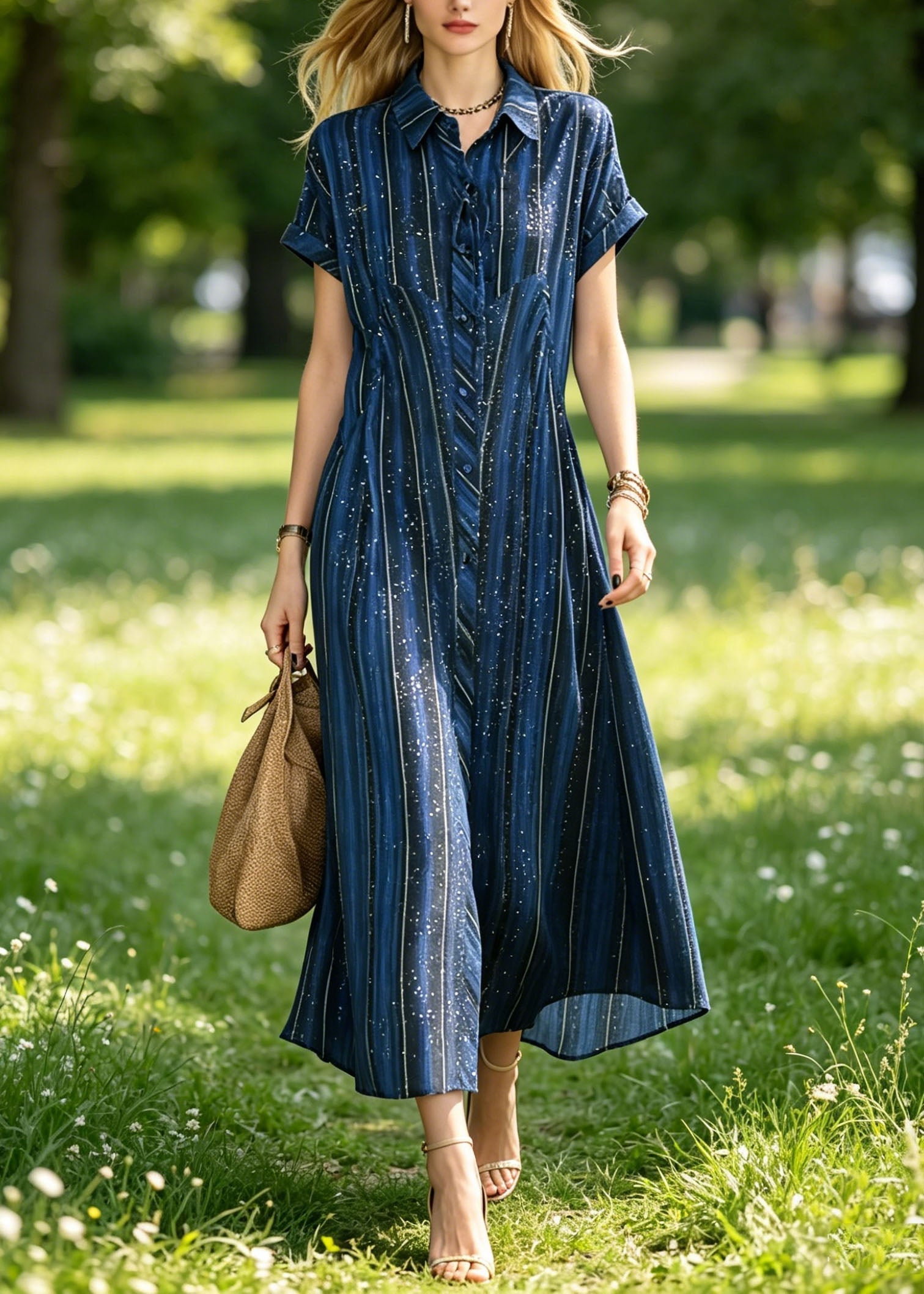 Striped Speckle Print Peter Pan Collar Short Sleeve Button Front Shirt Maxi Dress