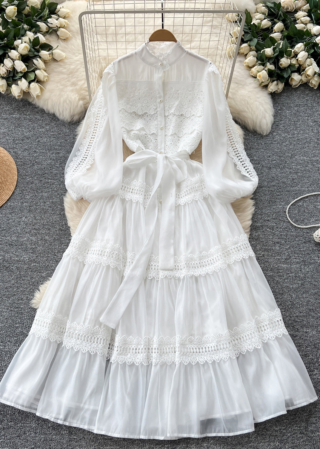 Chiffon Mock Neck Button Down Puff Sleeve Lace Tiered Tie Waist Maxi Dress