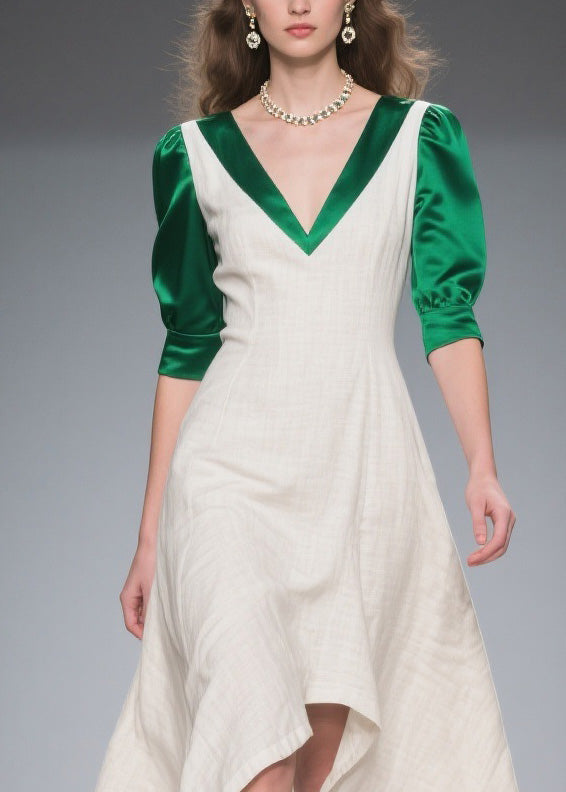 Deep V-Neck Puff Sleeve Satin Panel A-Line Asymmetrical Hem Midi Dress