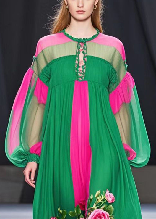 Colorblock Keyhole Lace Up Lantern Sleeve Floral Applique Midi Dress