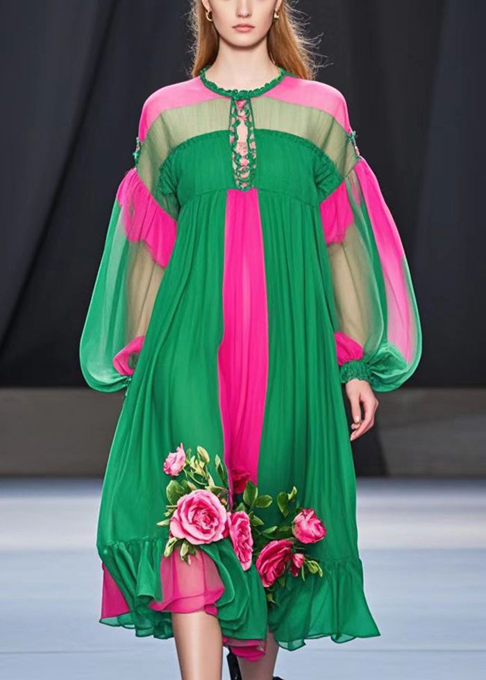 Colorblock Keyhole Lace Up Lantern Sleeve Floral Applique Midi Dress