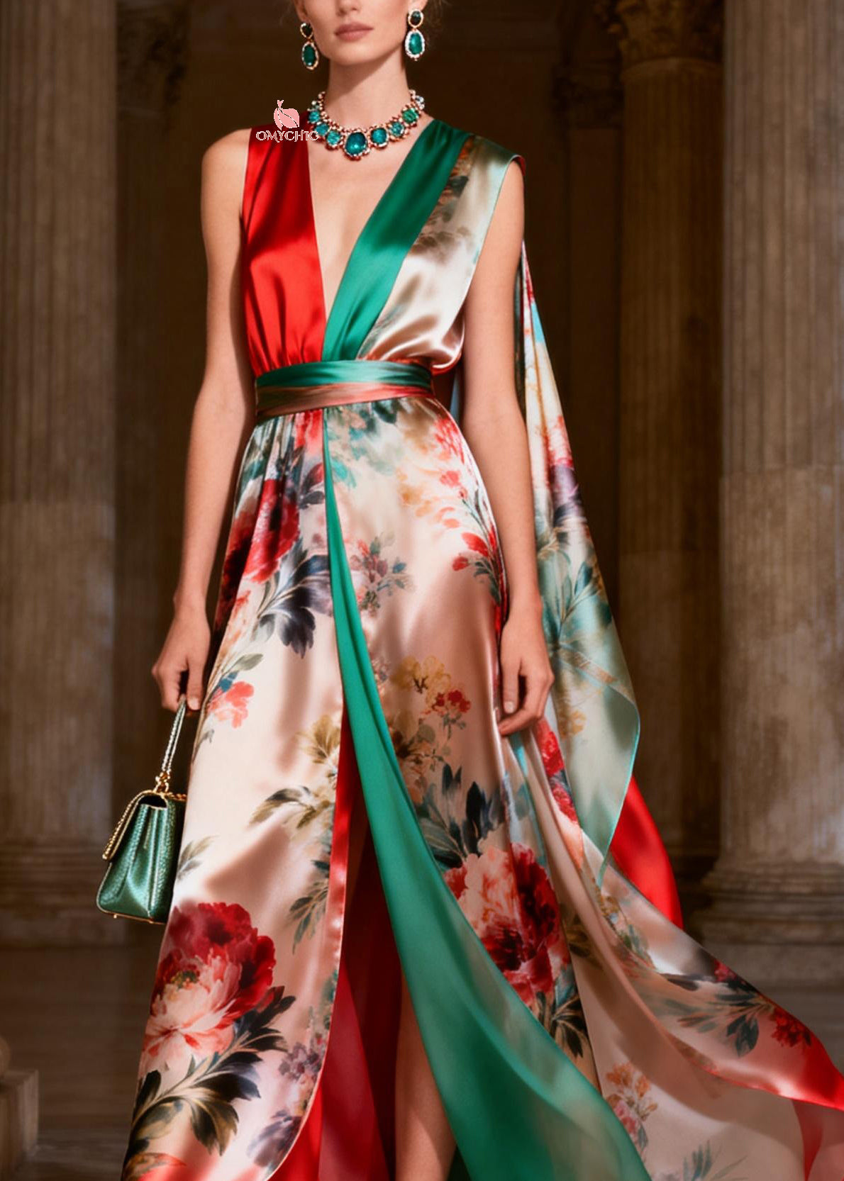 Floral Print Colorblock Deep V-Neck Sleeveless Cape Back High Split Maxi Gown