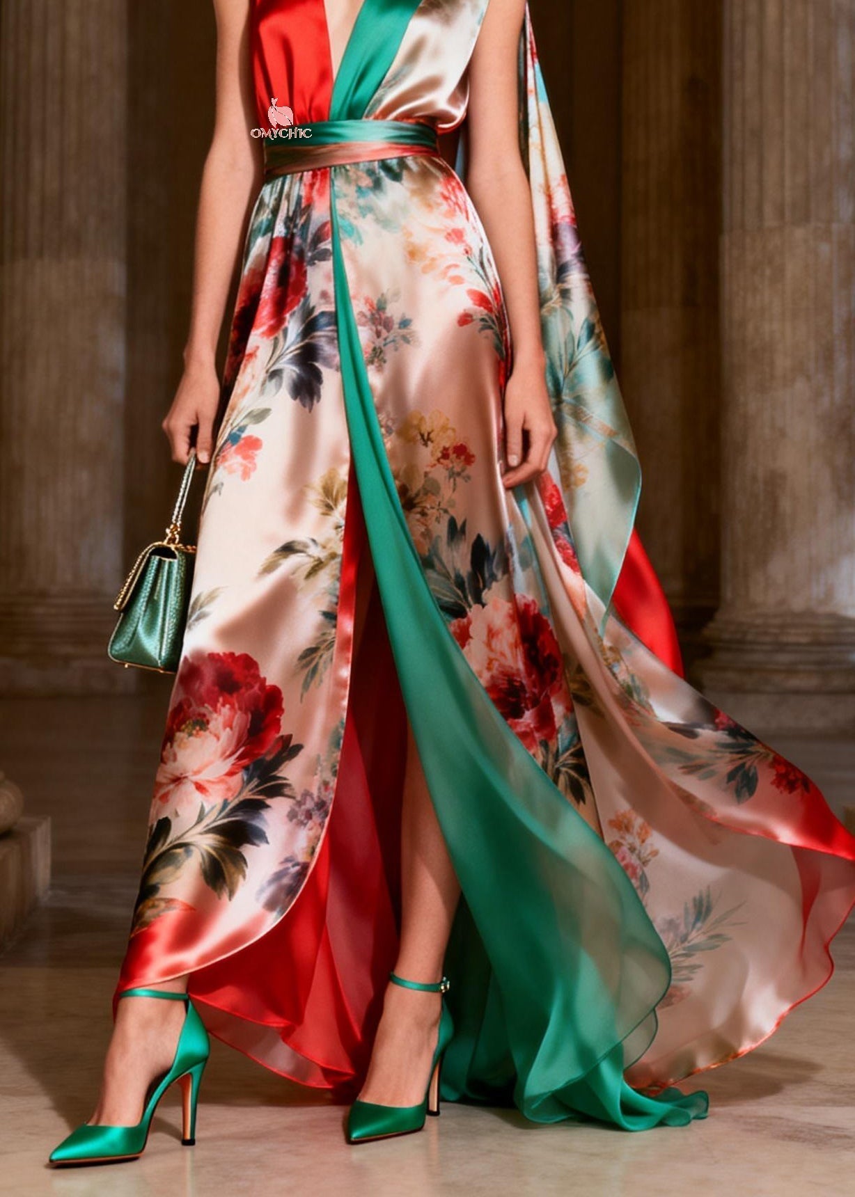 Floral Print Colorblock Deep V-Neck Sleeveless Cape Back High Split Maxi Gown