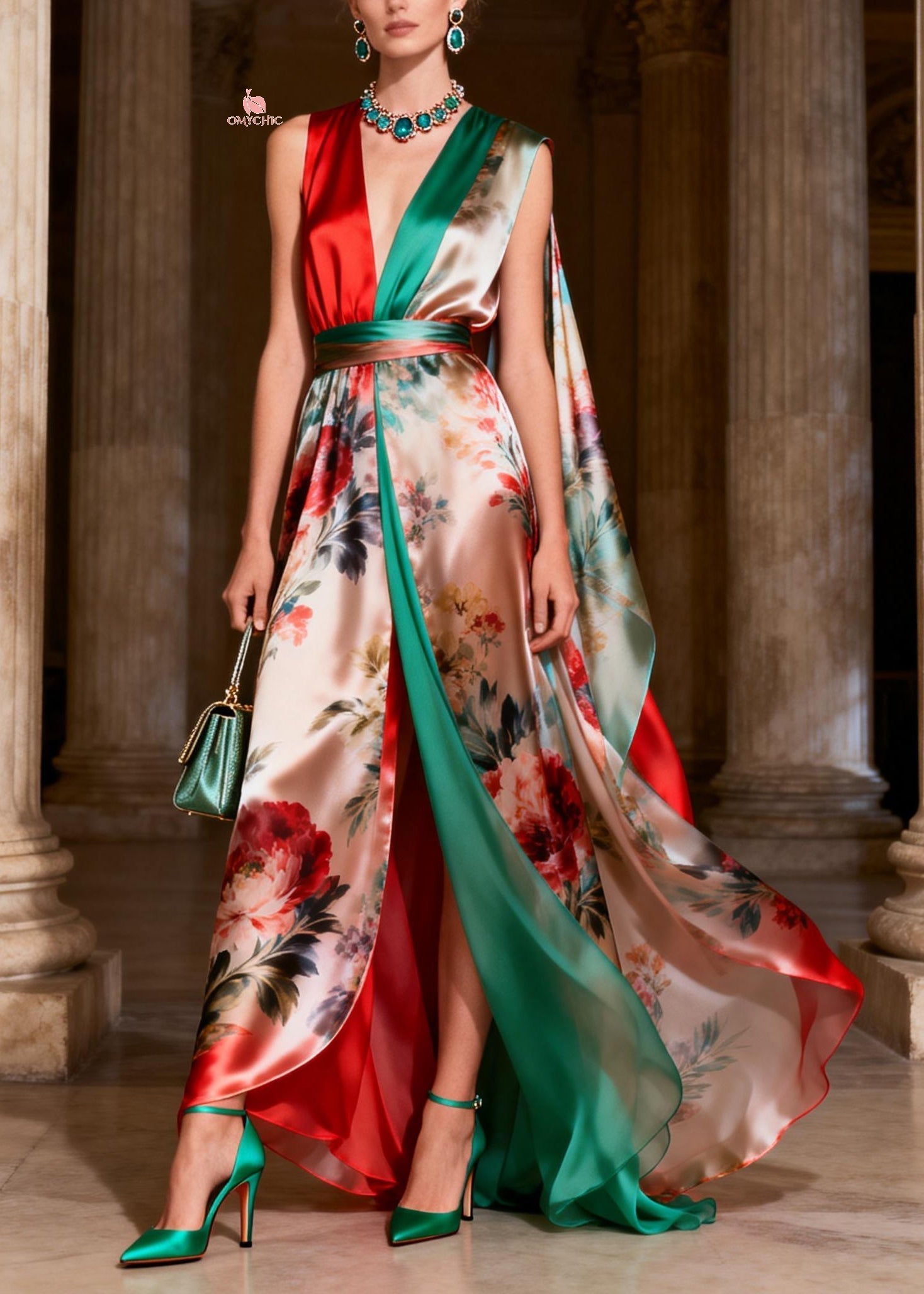 Floral Print Colorblock Deep V-Neck Sleeveless Cape Back High Split Maxi Gown