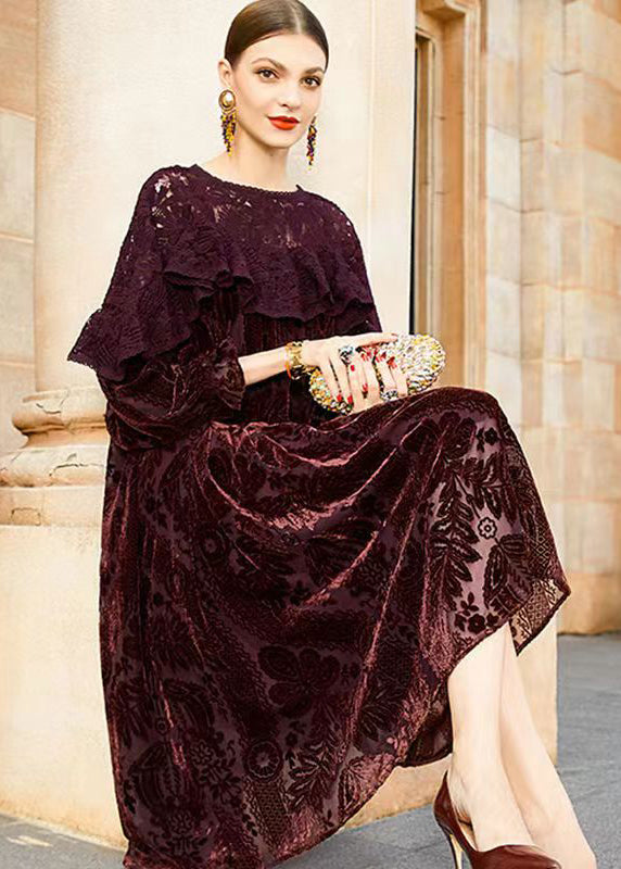Velvet Burnout Floral Lace Ruffle Long Sleeve Oversized Midi Dress