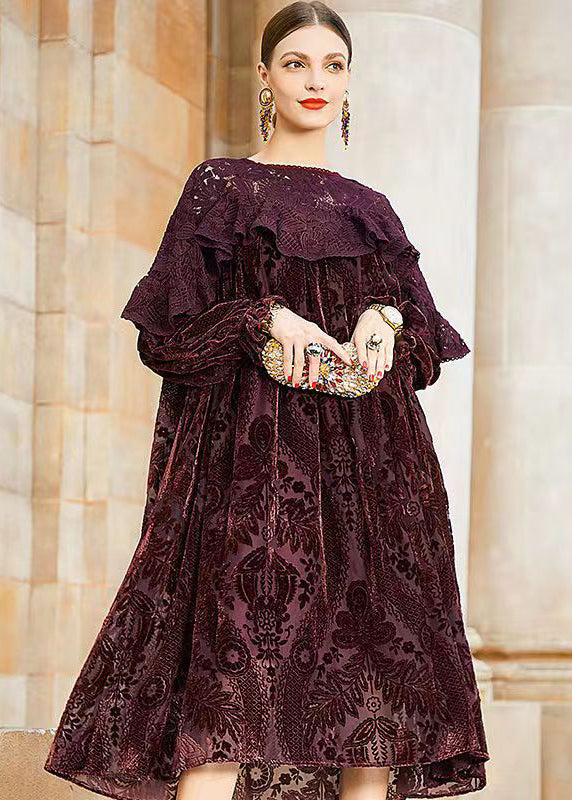 Velvet Burnout Floral Lace Ruffle Long Sleeve Oversized Midi Dress