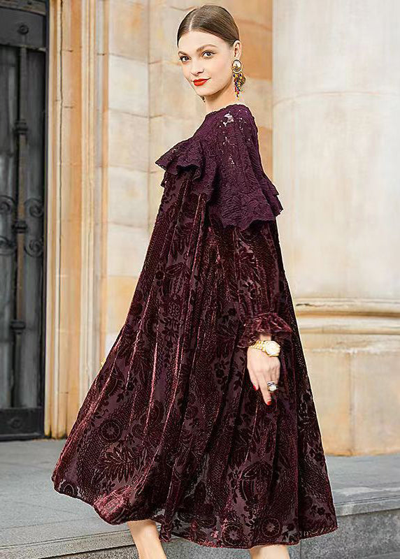 Velvet Burnout Floral Lace Ruffle Long Sleeve Oversized Midi Dress