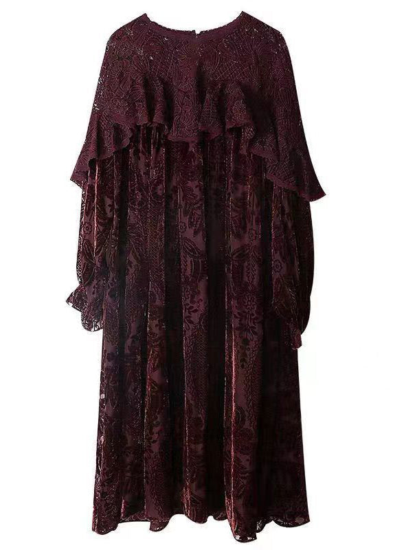 Velvet Burnout Floral Lace Ruffle Long Sleeve Oversized Midi Dress
