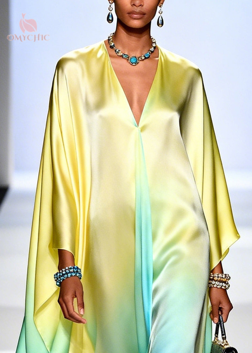 Deep V-Neck Satin Cape Sleeve High Split Kaftan Maxi Dress