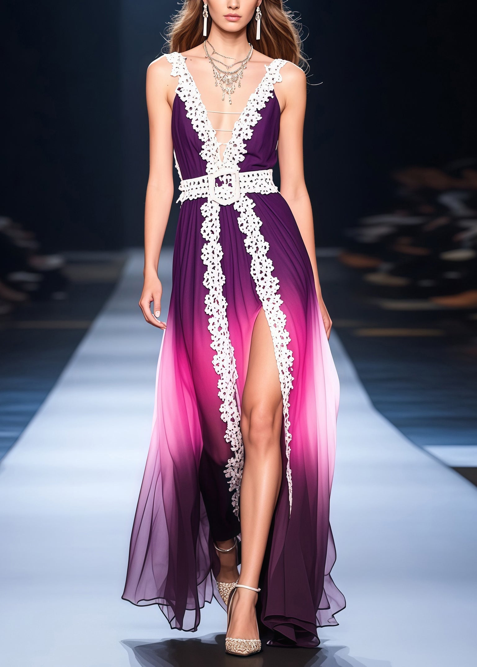 Spaghetti Strap Deep V-Neck Chiffon Lace Trim Pleated High Split Maxi Gown
