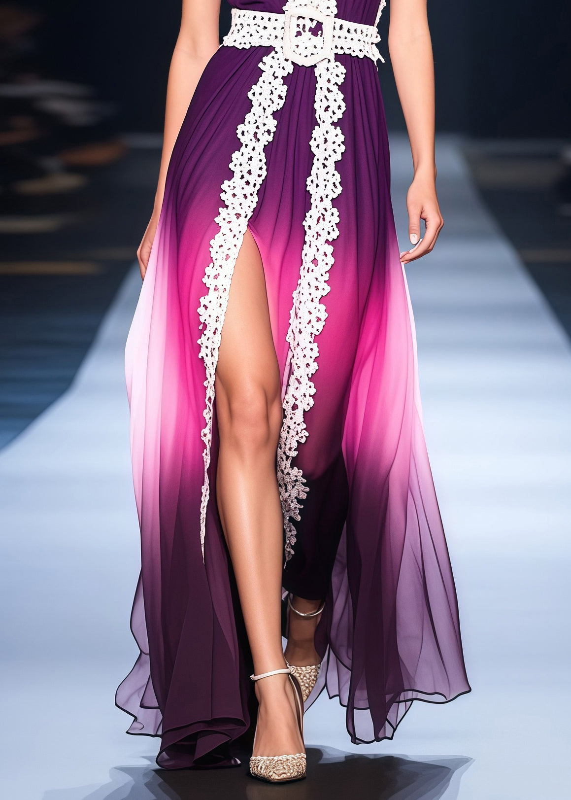 Spaghetti Strap Deep V-Neck Chiffon Lace Trim Pleated High Split Maxi Gown