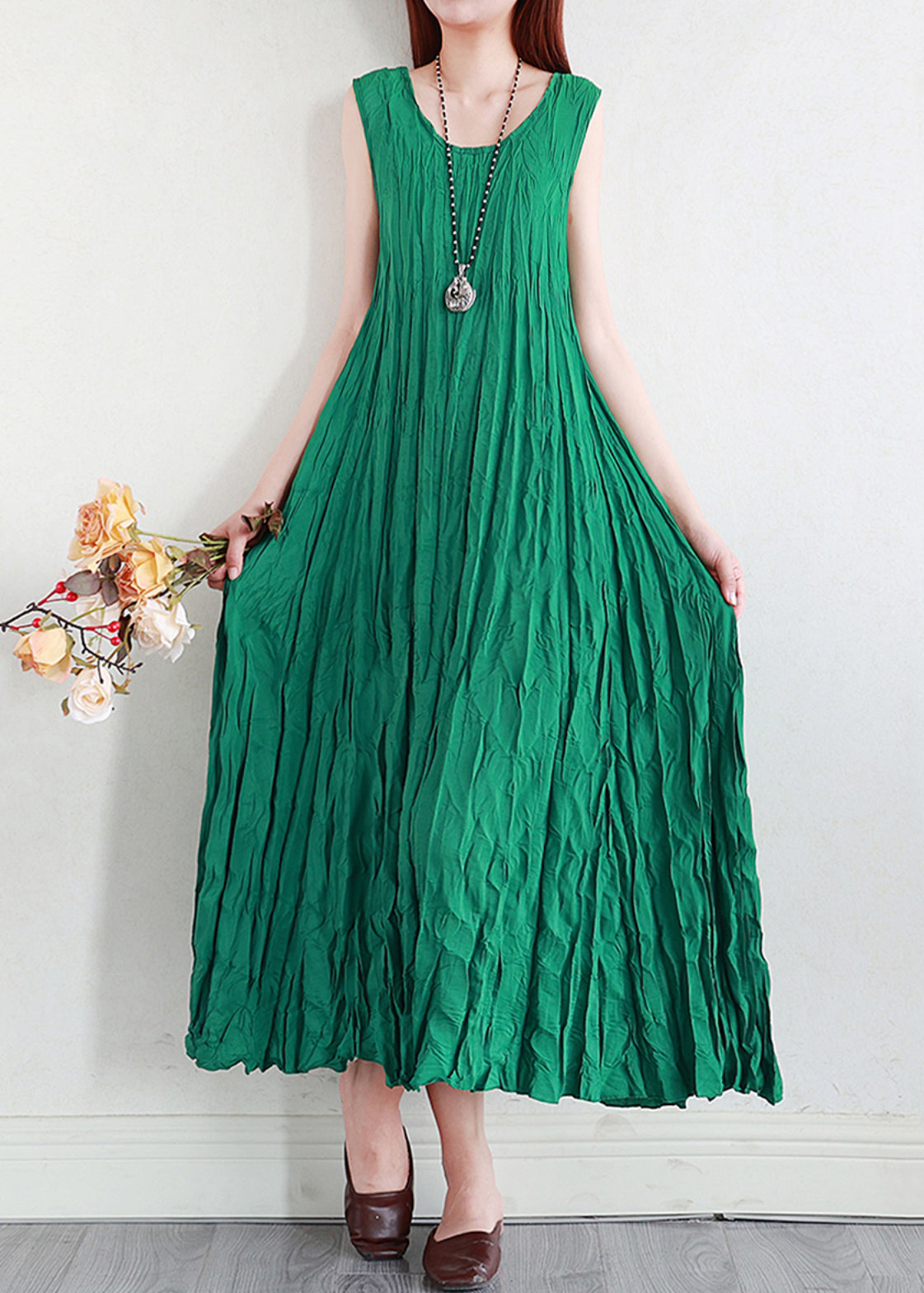 Crinkle Pleat Round Neck Sleeveless A-Line Maxi Dress