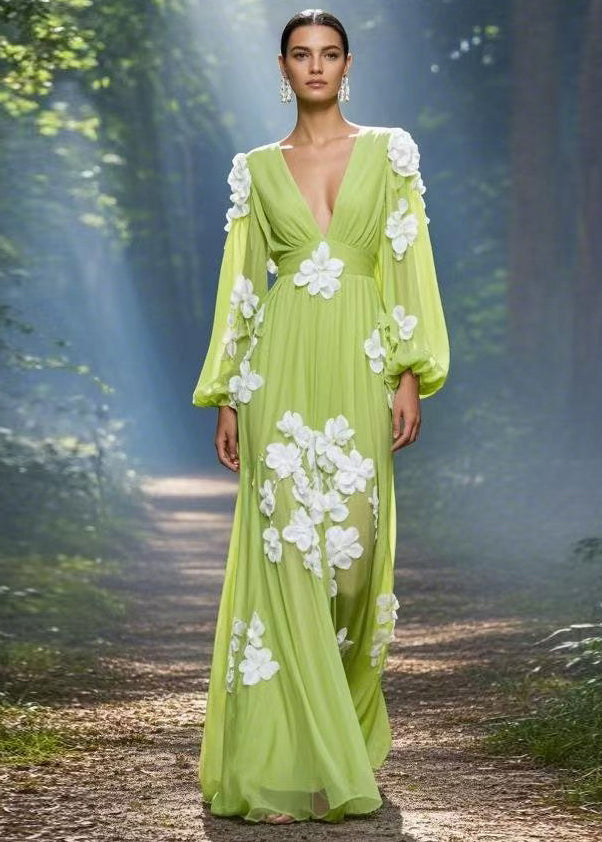 Deep V-Neck Lantern Sleeve Floral Applique Chiffon Maxi Dress