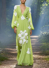 Classy Green V Neck Floral Decorated Chiffon Maxi Dress Spring 3