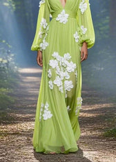 Classy Green V Neck Floral Decorated Chiffon Maxi Dress Spring 4