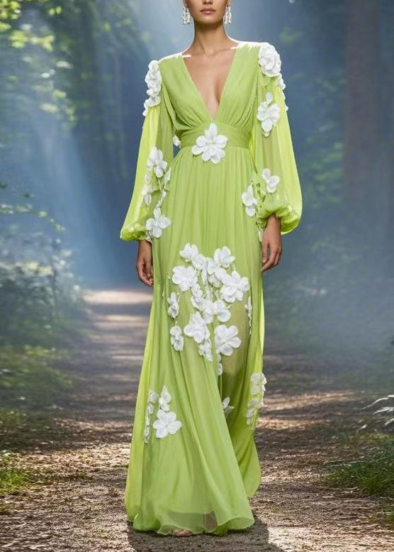 Classy Green V Neck Floral Decorated Chiffon Maxi Dress Spring 5