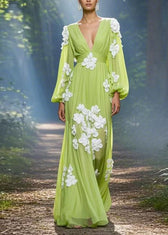 Classy Green V Neck Floral Decorated Chiffon Maxi Dress Spring 5