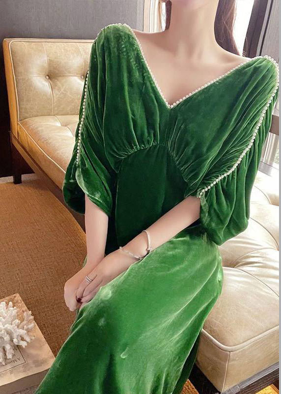 Classy Green V Neck Nail Bead Patchwork Silk Velvet Maxi Dress Fall - View 2