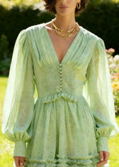 Classy Green V Neck Ruffled Chiffon Mid Dress Spring 2