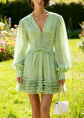 Classy Green V Neck Ruffled Chiffon Mid Dress Spring 3
