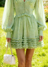 Classy Green V Neck Ruffled Chiffon Mid Dress Spring 4