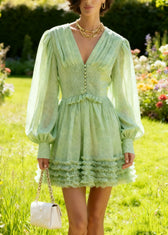 Classy Green V Neck Ruffled Chiffon Mid Dress Spring 5