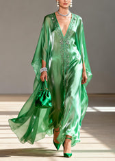 Classy Green V Neck Zircon Chiffon Maxi Dresses Spring