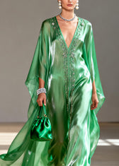 Classy Green V Neck Zircon Chiffon Maxi Dresses Spring 2